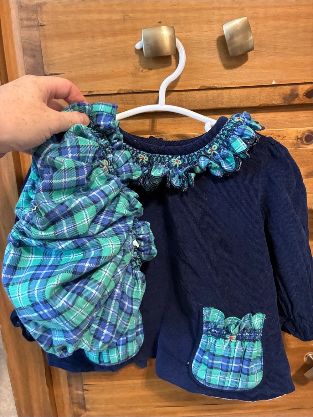 Girls Navy Blue Smocked Corduroy Top with Plaid Trim and bloomer